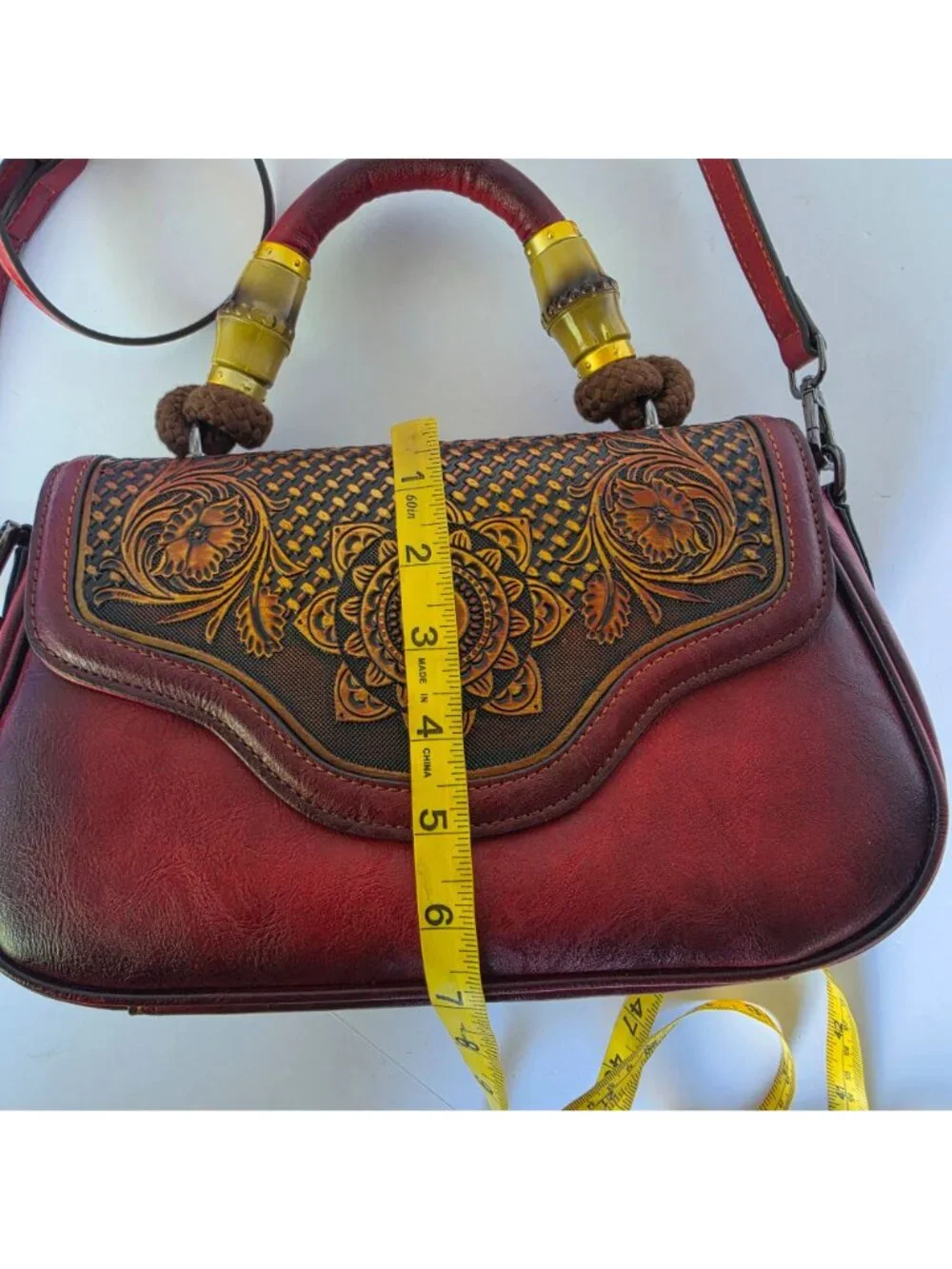 Tooled Floral Western Satchel Bag Burgundy Boho Crossbody Festival Concert